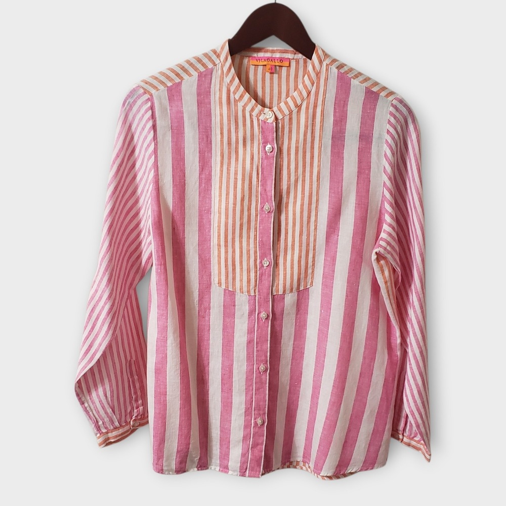 Vilagallo Retreat Linen Shirt‎ Pink Orange Stripe Eclectic Button Down Size 40